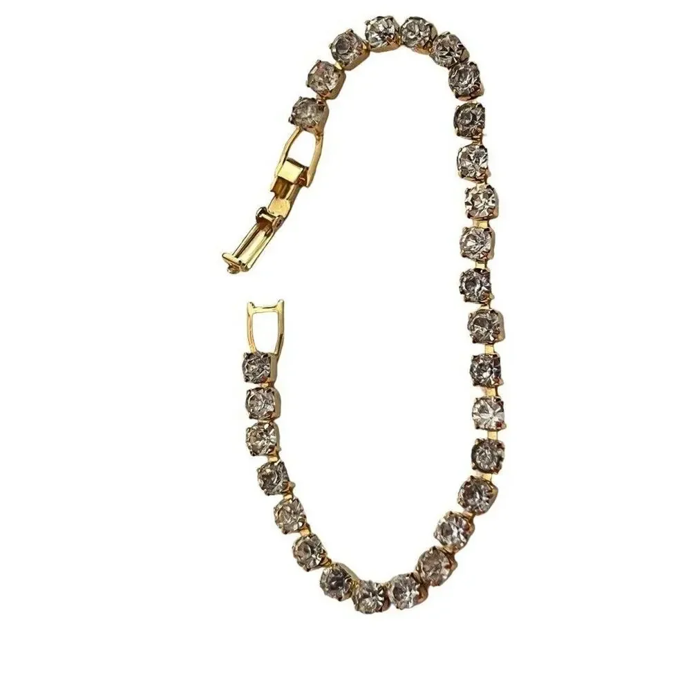 Gold Tone Rhinestone Tennis Bracelet Bling 6 7/8